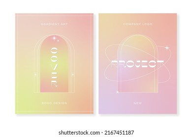 Set of cover templates with gradient backgrounds in light colors and  linear design in boho style. For covers, branding, social media and other projects. For web and print.