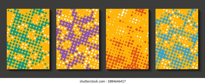 Set of cover templates with halftone effect.. Rounded perforated smooth layered shapes in different colors on yellow background.. Vector illustration.