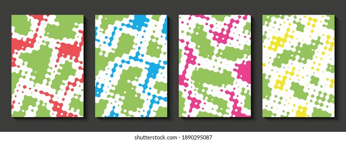 Set of cover templates with halftone effect. Rounded perforated smooth shapes in different colors. Vector illustration.