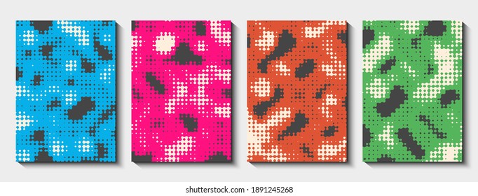 Set of cover templates with halftone effect. Rounded perforated smooth shapes in different colors. Vector illustration.