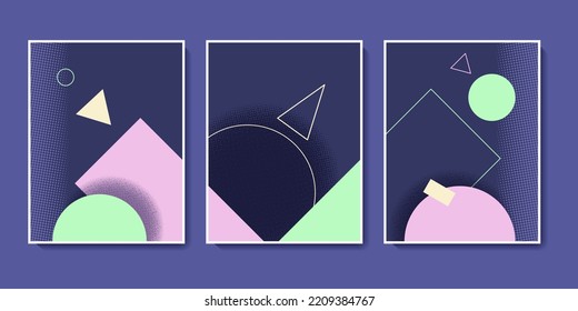 Set of cover templates with halftone geometric shapes patterns. Color circle, triangle, rectangle figures. Modern vector design for cover, wallpaper, social media, poster, branding