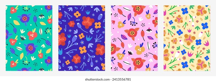 Set of cover templates with hand drawn simple flowers. Colorful artistic backgrounds with floral decorations. Spring designs is for notebook, planner, diary, poster, card, book. Vector illustration