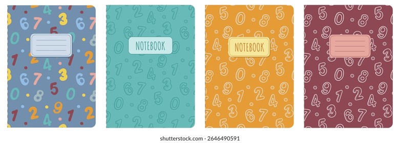 Conjunto de modelos de capa com números desenhados à mão em estilo doodle. Layouts universais com plano de fundo de esboço. Ilustração vetorial para notebook escolar, scrapbook, bloco de notas, materiais educativos ou diário.