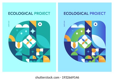 Set of cover templates in neo geo style for environmental projects in blue green colors.For banners, flyers, branding and other projects about nature and animals.