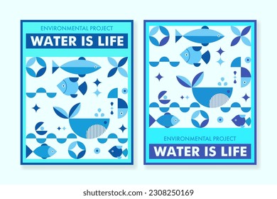 Set of cover templates in neo geo style about saving water resources. For brochures, banners, flyers, branding and other projects about environmental care.