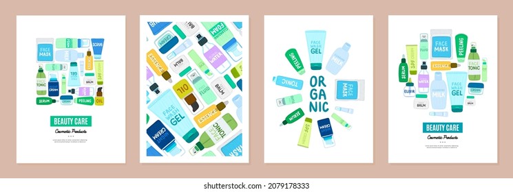 Set of cover templates with organic cosmetic products. Backgrounds with natural eco cosmetics. Beauty care. Designs is for banner, planner, invitation, poster, card, book. Vector illustration