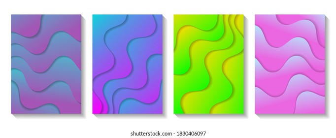Set of cover templates in papercut style. Wavy soft gradient shapes with shadow. Background for use on posters, banners, invitations, advertising brochures. Vector stock illustration