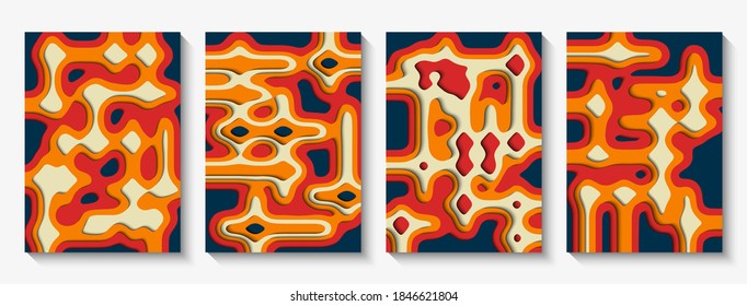 Set of cover templates in papercut style. Wavy and straight layered shapes with shadow in different trendy colors. Background for use on posters, banners, invitations, advertising brochures. 