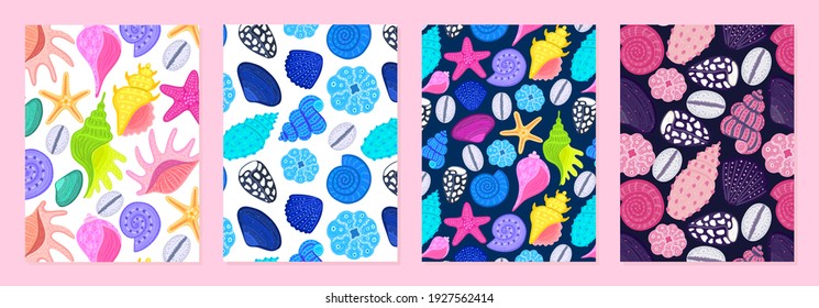 Set of cover templates with patterns of bright shells. Undersea world. Colorful artistic backgrounds with sea or ocean life. Summer designs is for notebook, planner, diary, poster, card, book. Vector