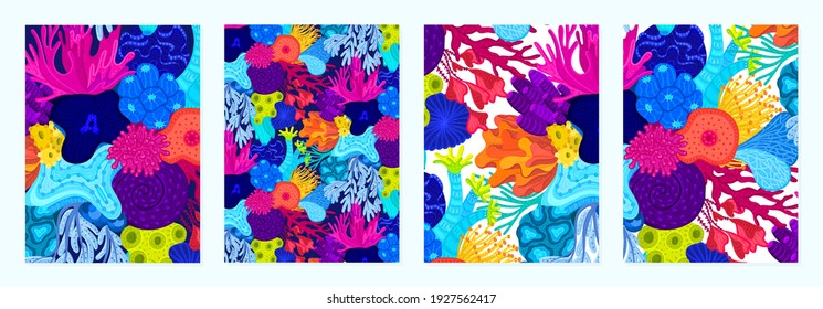 Set of cover templates with patterns of bright corals. Colorful artistic backgrounds with sea or ocean life. Summer designs is for notebook, planner, diary, poster, card, book. Vector illustration