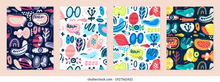 Set of cover templates with patterns of different abstract shapes. Colorful artistic backgrounds with textured stains and spots. Designs is for notebook, planner, diary, poster, card, book. Vector