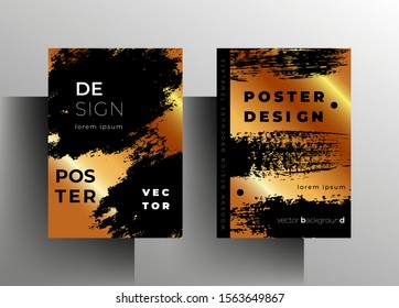 Set of cover templates, poster, brochure. Modern design with brush strokes and gold. Vector 10 EPS.