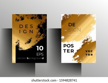 Set of cover templates, poster, brochure. Modern design with brush strokes and gold. Vector 10 EPS.