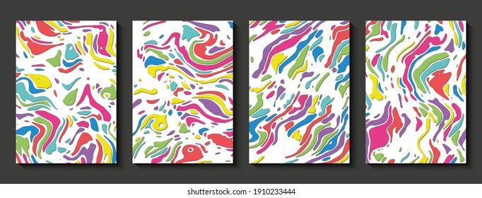 Set of cover templates. Rounded fluid multicolored bright shapes with shadow in different colors. Vector illustration.