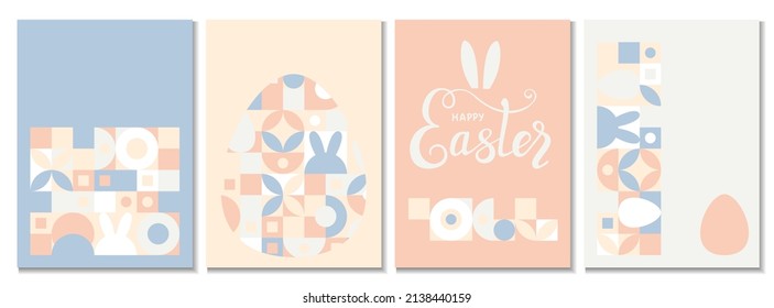 Set of cover templates for the Spring holiday Easter with a texture of circles and squares. Mosaic with geometric shapes in the style of a Scandinavian pattern, color trend background with eggs.