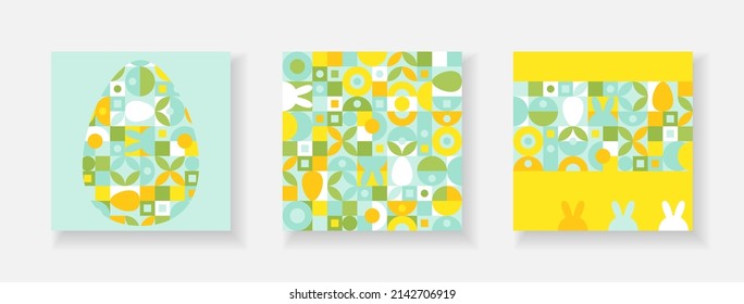 Set of cover templates for the Spring holiday Easter with a texture of circles and squares. Mosaic with geometric shapes in the style of a Scandinavian pattern, color trend background with eggs.