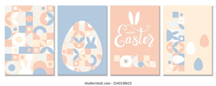 Set of cover templates for the Spring holiday Easter with a texture of circles and squares. Mosaic with geometric shapes in the style of a Scandinavian pattern, color trend background with eggs.