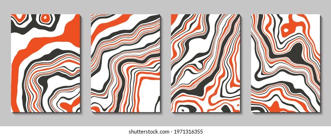 Set of cover templates. Striped fluid abstract background. Stylized marble texture in orange, white and black colors. Vector illustration