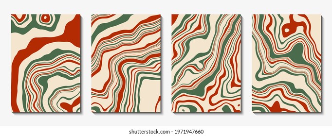 Set of cover templates. Striped fluid abstract background. Stylized marble texture in brown, white and green colors. Vector illustration