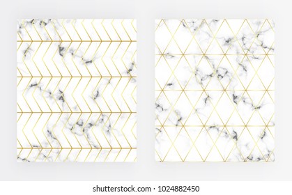 Set cover white marble texture with gold line pattern. Background for designs, banner, card, flyer, invitation, party, birthday, wedding, placard
