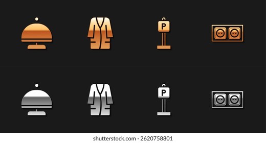 Set Covered with tray, Bathrobe, Parking and Electrical outlet icon. Vector