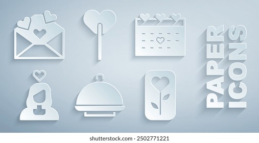 Set Covered with tray, Calendar heart, Couple in love, Flower rose, Lollipop and Envelope Valentine icon. Vector