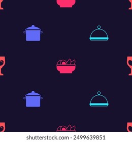 Set Covered with tray, Cooking pot, Nachos plate and Wine glass on seamless pattern. Vector