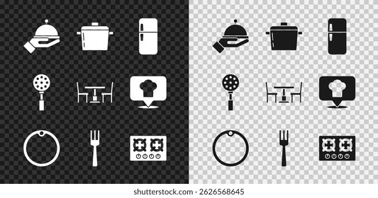 Set Covered with tray, Cooking pot, Refrigerator, Cutting board, Fork, Gas stove, Spatula and Wooden table chair icon. Vector