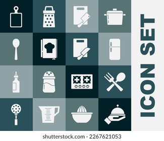 Set Covered with tray, Crossed fork and spoon, Refrigerator, Cutting board meat chopper, Cookbook, Spoon,  and knife icon. Vector