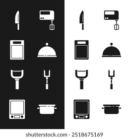 Set Covered with tray, Cutting board, Knife, Electric mixer, Peeler, Barbecue fork, Cooking pot and Electronic scales icon. Vector