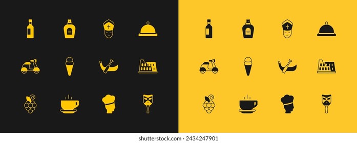 Set Covered with tray of food, Coffee cup, Gondola boat, Italian cook, Ice cream in waffle, Pope, Bottle wine and Perfume icon. Vector