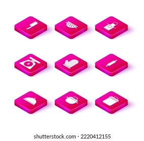 Set Covered with a tray of food, Cooking pot, Scales, Oven glove, Rolling pin, Kitchen apron and colander icon. Vector