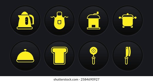 Set Covered with tray of food, Cooking pot, Bread toast, Spatula, Manual coffee grinder, Kitchen apron, Meat chopper and Electric kettle icon. Vector