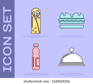 Set Covered with a tray of food, Doner kebab, Bottle of water and Sandwich icon. Vector
