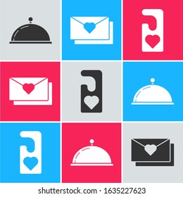 Set Covered With A Tray Of Food, Envelope With Valentine Heart And Please Do Not Disturb With Heart Icon. Vector