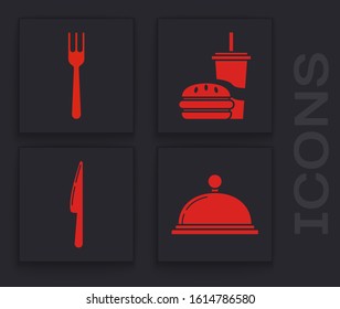 Set Covered with a tray of food, Fork, Paper glass with drinking straw and burger and Knife icon. Vector