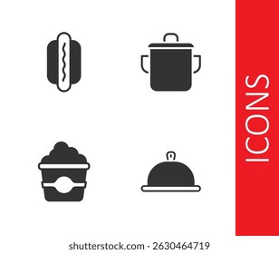 Set Covered with tray of food, Hotdog, Popcorn in cardboard box and Cooking pot icon. Vector