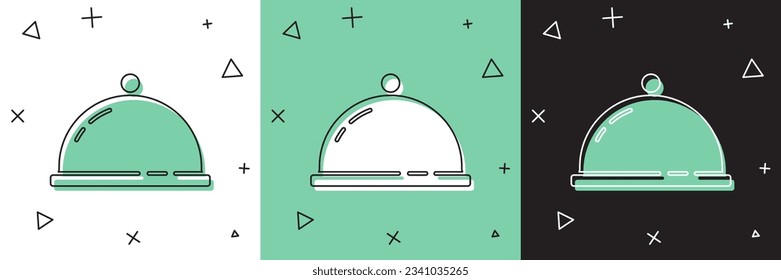 Set Covered with a tray of food icon isolated on white and green, black background. Tray and lid sign. Restaurant cloche with lid.  Vector