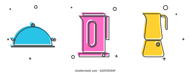 Set Covered with a tray of food, Kettle with handle and Moka pot icon. Vector