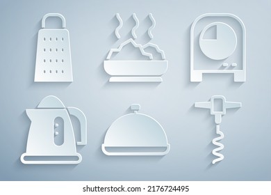 Set Bedeckt mit Futter, Küchenzeitgeber, elektrischer Wasserkocher, Weinkorkenschraube, Schüssel mit heißer Suppe und Gratsymbol. Vektorgrafik