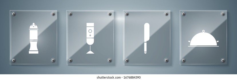 Set Covered with a tray of food, Knife, Blender and Pepper. Square glass panels. Vector
