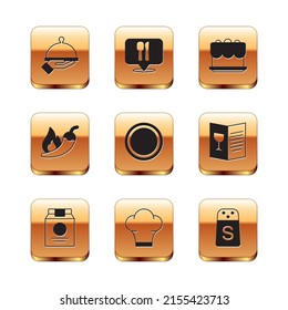 Set Covered with tray of food, Online ordering and delivery, Chef hat, Plate, Hot chili pepper pod, Cake, Salt and Cafe restaurant location icon. Vector