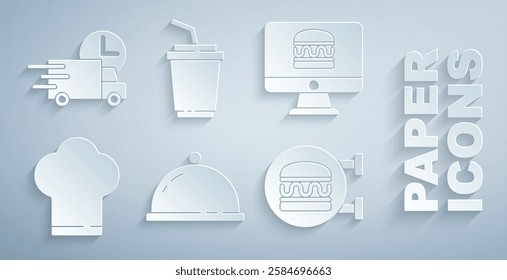 Set Covered with a tray of food, Online ordering and delivery, Chef hat, burger, Paper glass water and Fast by car icon. Vector