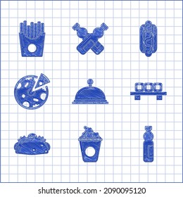 Set Covered with a tray of food, Popcorn in cardboard box, Bottle water, Sushi on cutting, Taco tortilla, Pizza, Hotdog sandwich mustard and Potatoes french fries carton package icon. Vector