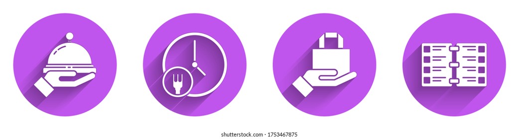 Set Covered with a tray of food, Round the clock delivery, Online ordering and delivery and Restaurant cafe menu icon with long shadow. Vector