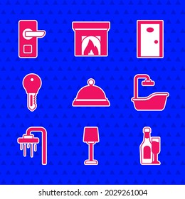 Set Covered with tray of food, Table lamp, Champagne bottle glass, Bathtub, Shower, Hotel door lock key,  and Digital icon. Vector