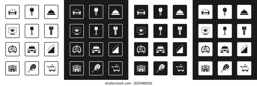 Set Covered with tray of food, Table lamp, Stars rating, Sofa, Hotel door lock key, Stairs and luggage cart icon. Vector