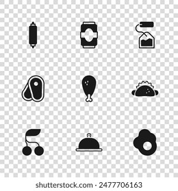 Set Covered with tray of food, Taco tortilla, Scrambled egg, Chicken leg, Tea bag, Rolling pin, Soda can and Steak meat icon. Vector