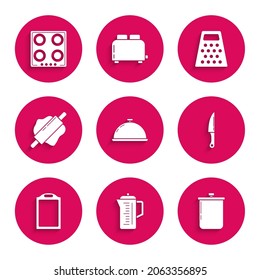 Set Covered with a tray of food, Teapot, Cooking, Knife, Cutting board, Rolling pin, Grater and Gas stove icon. Vector