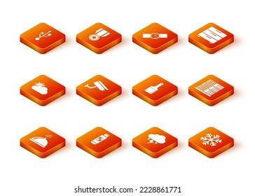Set Covered with tray of food, USB flash drive and shield, Sun cloud weather, Security camera, Storm and Paint brush icon. Vector